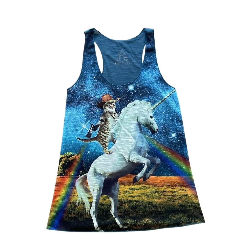 Best Daze Cowboy Cat Riding Unicorn Rainbow Galaxy Tank Top Size Small
